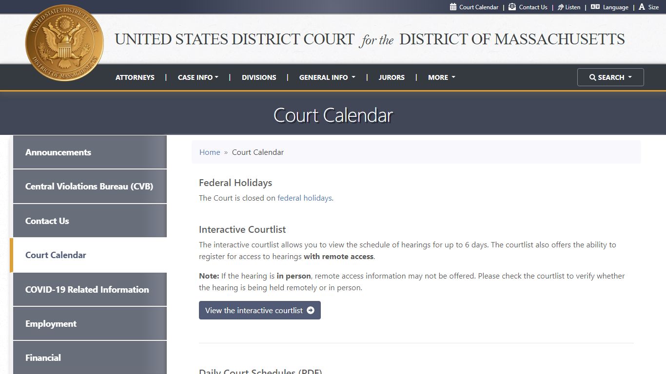 Court Calendar | United States District Court for the District of ...