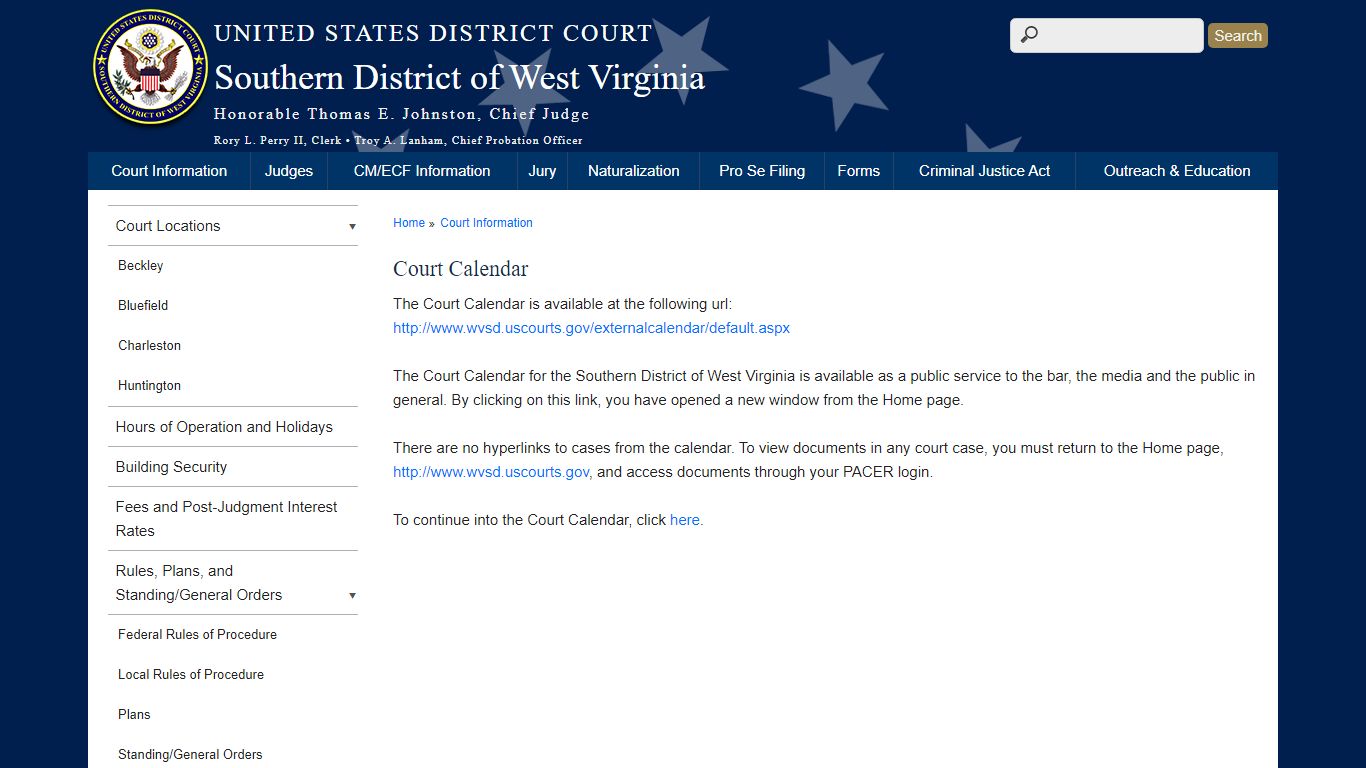 Court Calendar | Southern District of West Virginia | United States ...