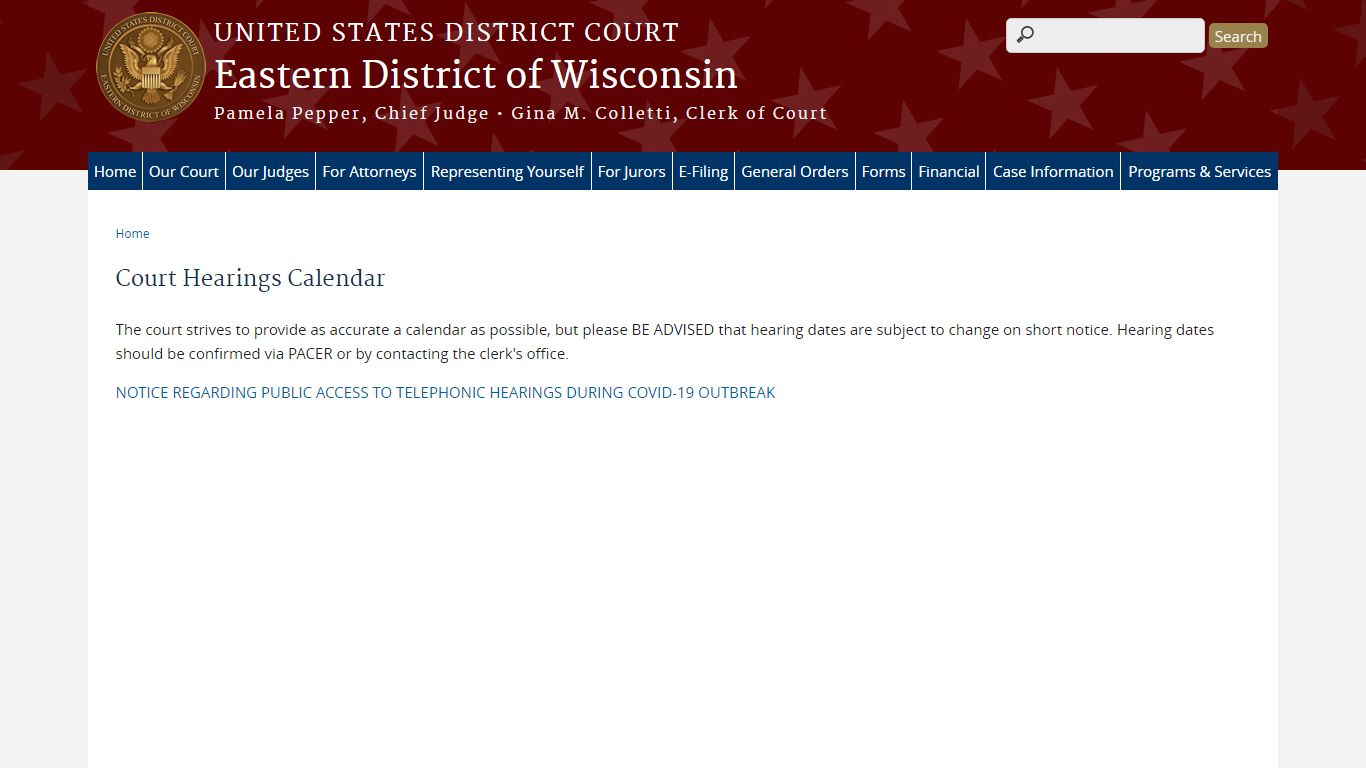 Court Hearings Calendar - Eastern District of Wisconsin